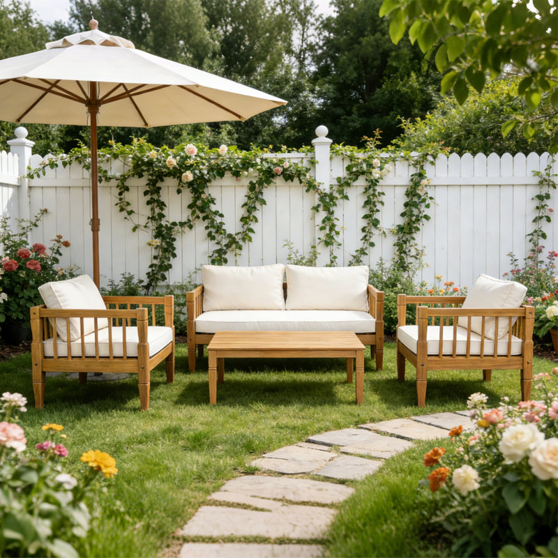 4-piece Acacia Wood Patio Conversation Set | Deep Seating Outdoor Furniture With Water-resistant Thick Cushions & Coffee Table | Non-slip For Backyard Porch Balcony