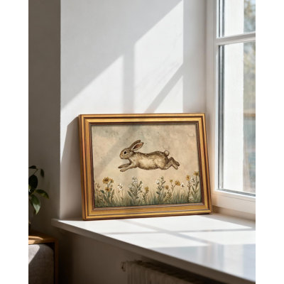 Vintage Leaping Rabbit in Wildflowers Framed Wall Art - Gold Framed Earthy-Tone Bunny Print for Cozy Nursery, Kids' Room & Playroom Decor