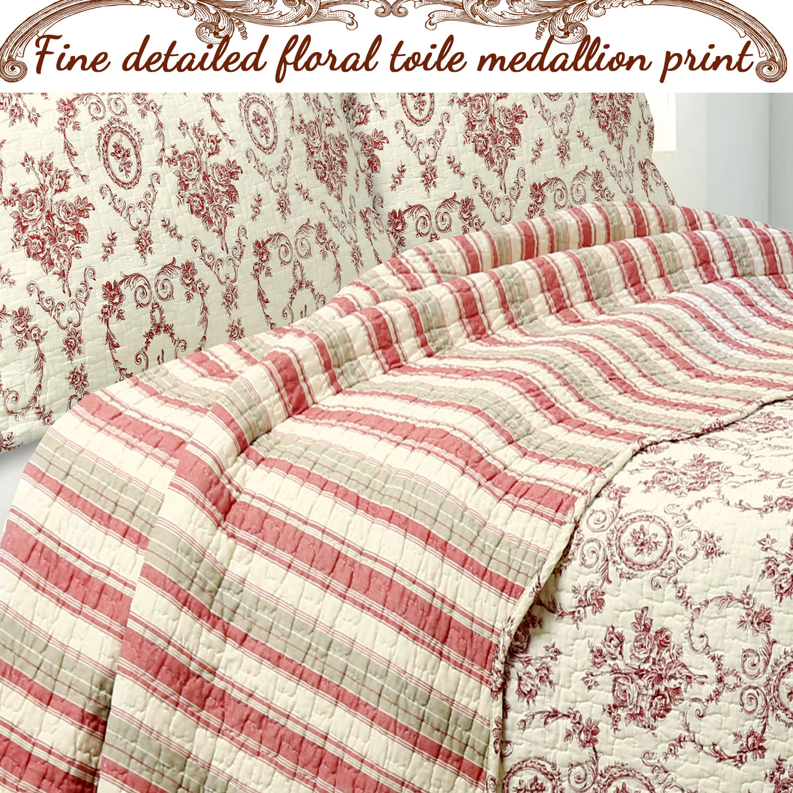 French Medallion Cotton Quilt Set, Queen Quilt + 2 Shams, Red