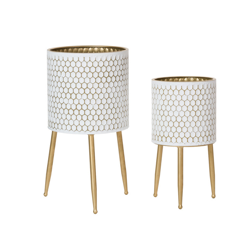 Honeycomb Mid Century Modern Indoor Metal Pot Planter With 3-Leg Metal Base - Set