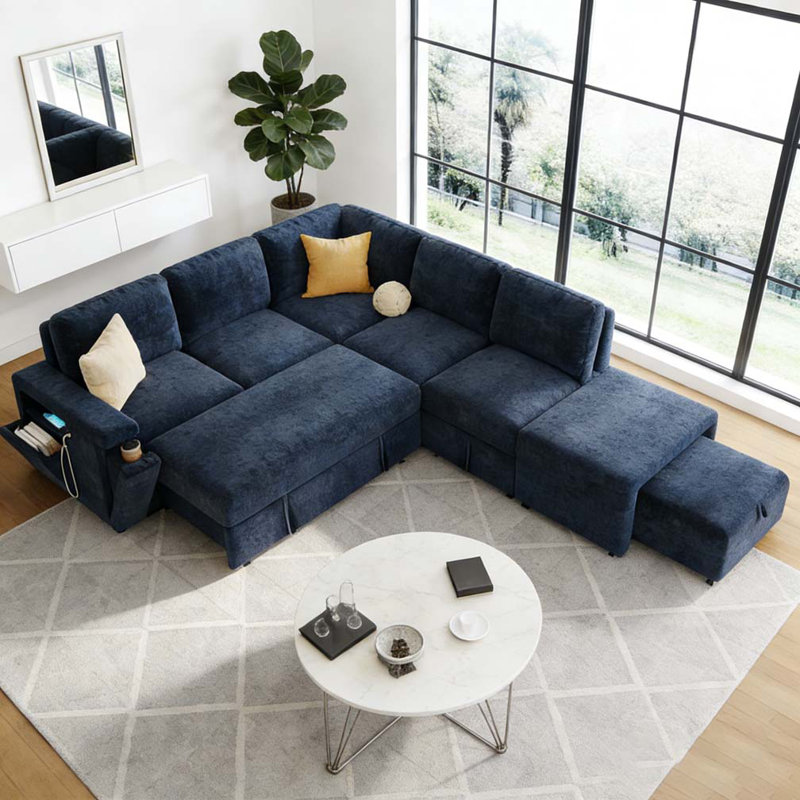 Canapé modulaire rembourré en L avec espace de rangement, Bleu