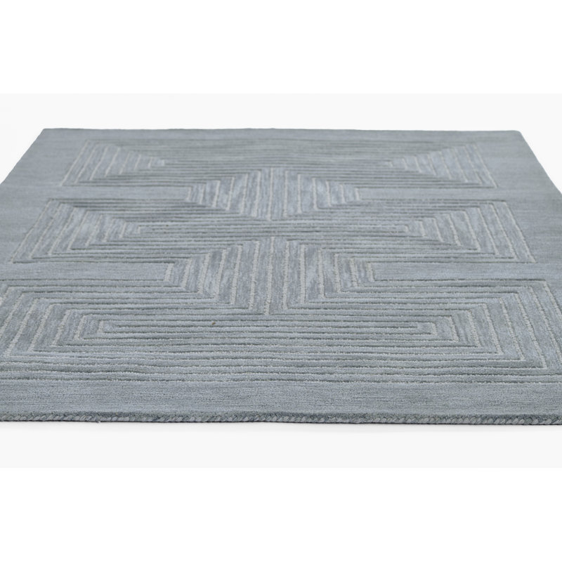 Orlie Hand Tufted Wool Geometric Area Rug in Brown, Rectangle 5' x 8', Blue