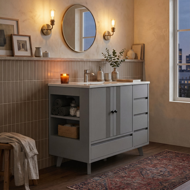 Meuble-lavabo 36 po avec lavabo en céramique, 4 tiroirs et tablettes latérales, Gris
