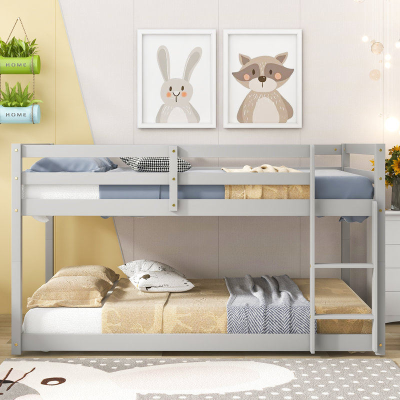Twin Over Twin Floor Bunk Bed,Pink, Gris