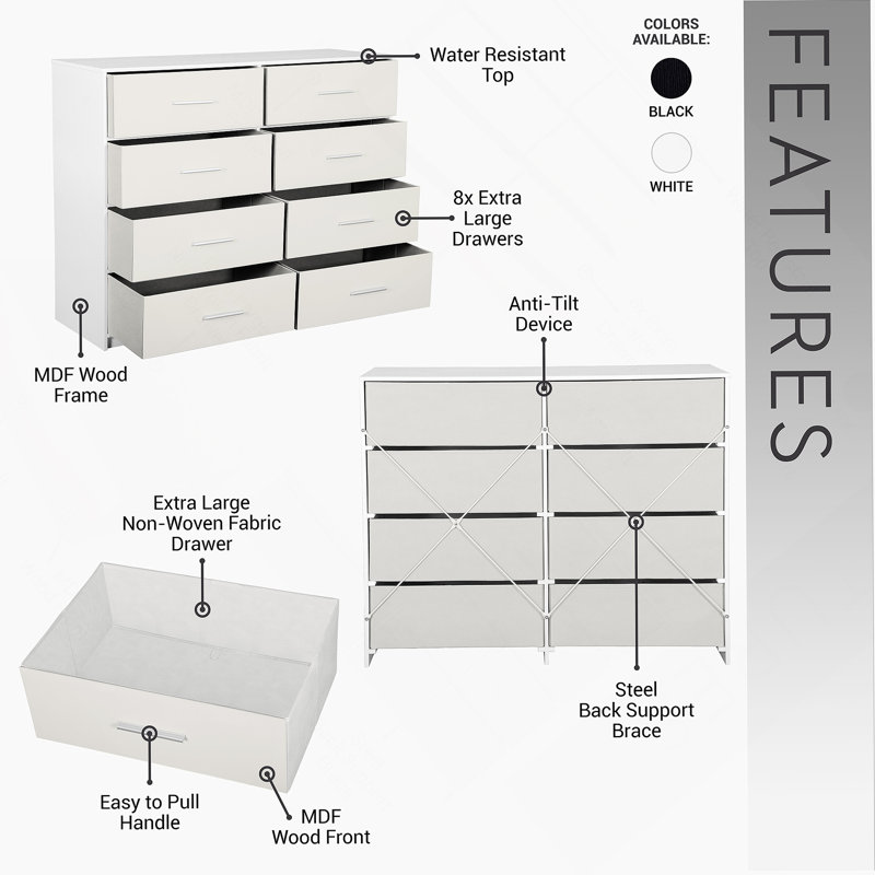 Commode 8 tiroirs avec tiroirs en tissu, Blanc