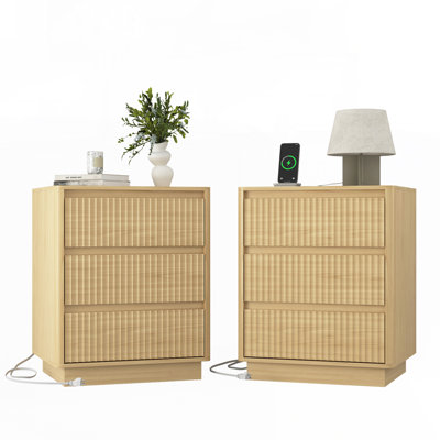 Set of 2 End Tables with USB C Charging Station and 3 Drawers