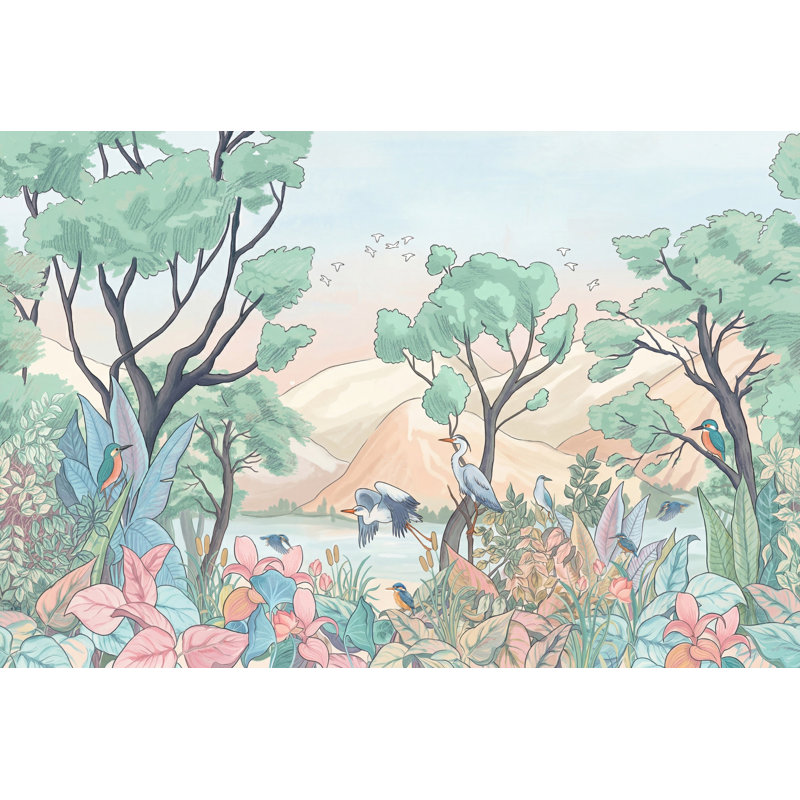 Papier peint pastel, paysage, oiseaux de forêt, décoration murale amovible, 100 po x 96 po, Non tissé