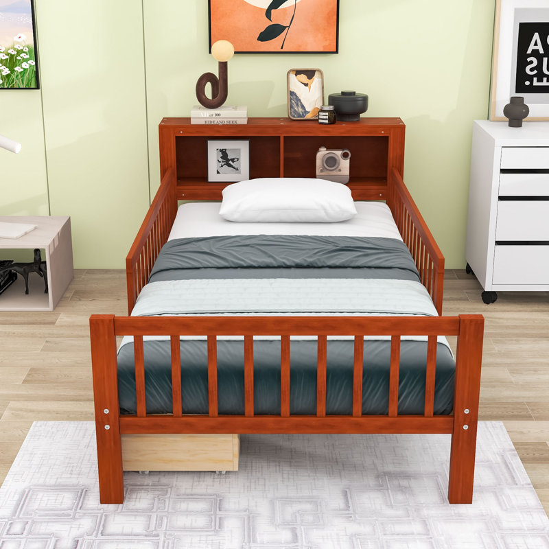 Lit simple avec tiroirs et tablettes de rangement, Noyer