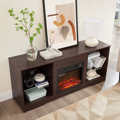 Meuble télé Meuble télé avec foyer et tablettes en verre, foyer 3D avec lumières DEL en bois et prise de charge USB