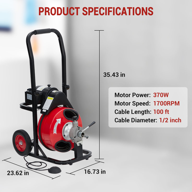 100Ft By 1/2-Inch Auto Feed Drain Cleaner Machine With 370W Motor, Steel Construction, Portable Sewer Snake Auger with 8 Cutters And Air-Activated Foot Switch For 1" to 4" Pipes, Black & Red