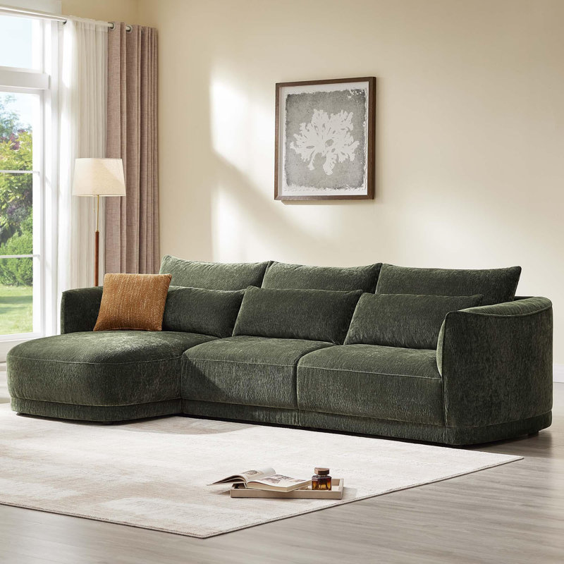 Canapé modulaire incurvé en chenille de 119 po avec méridienne, Orienté à gauche (vu de face), Polyester vert forêt