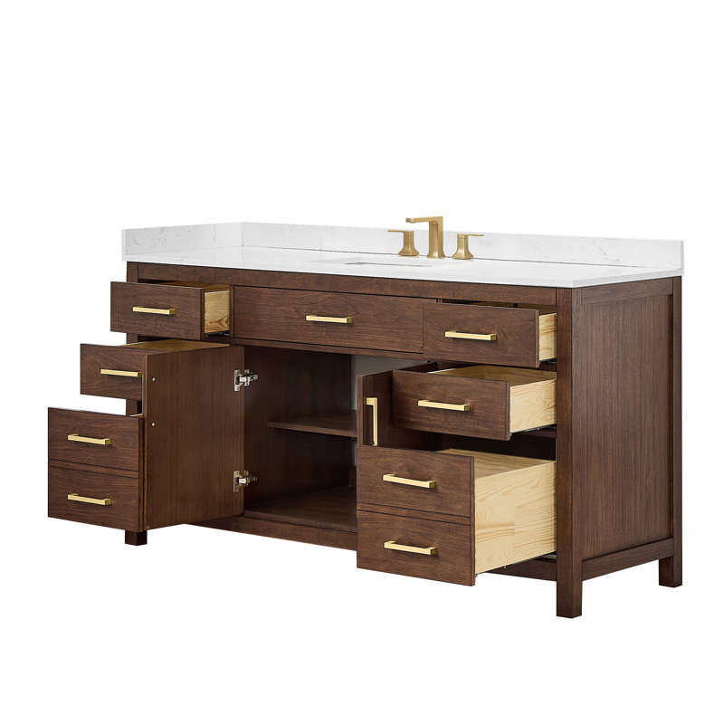 Ensemble de meuble-lavabo simple 66 po Beckett, Carrara Cultured Marble Counter, Noyer foncé avec bordure dorée brossée