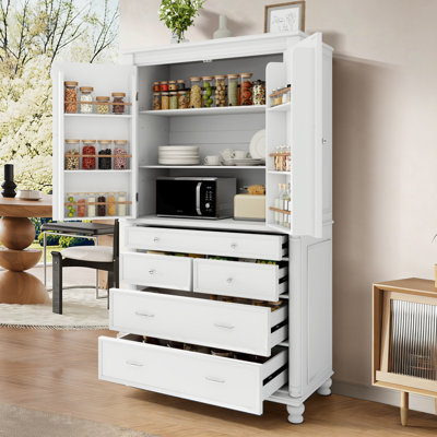 77.3" Tall Freestanding Kitchen Pantry Cabinet with 5 Drawers, 6 Door Shelves, Adjustable Shelves and Large Countertop
