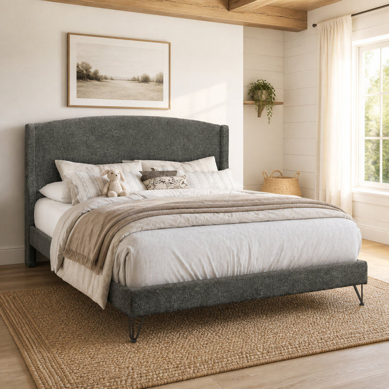 Lit plateforme tapissier Padilla Queen Boucle, Gris foncé