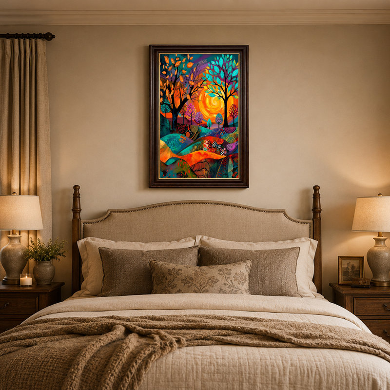 Art abstrait sur toile, paysage abstrait avec arbres colorés et Rolling Hills, 18"H x 12"W