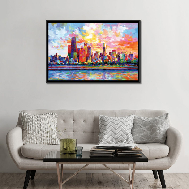 Chicago Skyline by Leon Devenice iCanvas, Black Floater Frame Canvas, 32" H x 48" W x 1.5" D