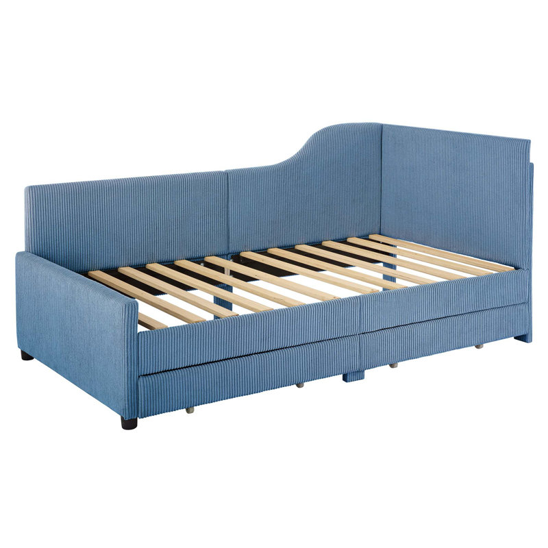 L-Shaped Upholstered Daybed With 2 Storage Drawers, Blue