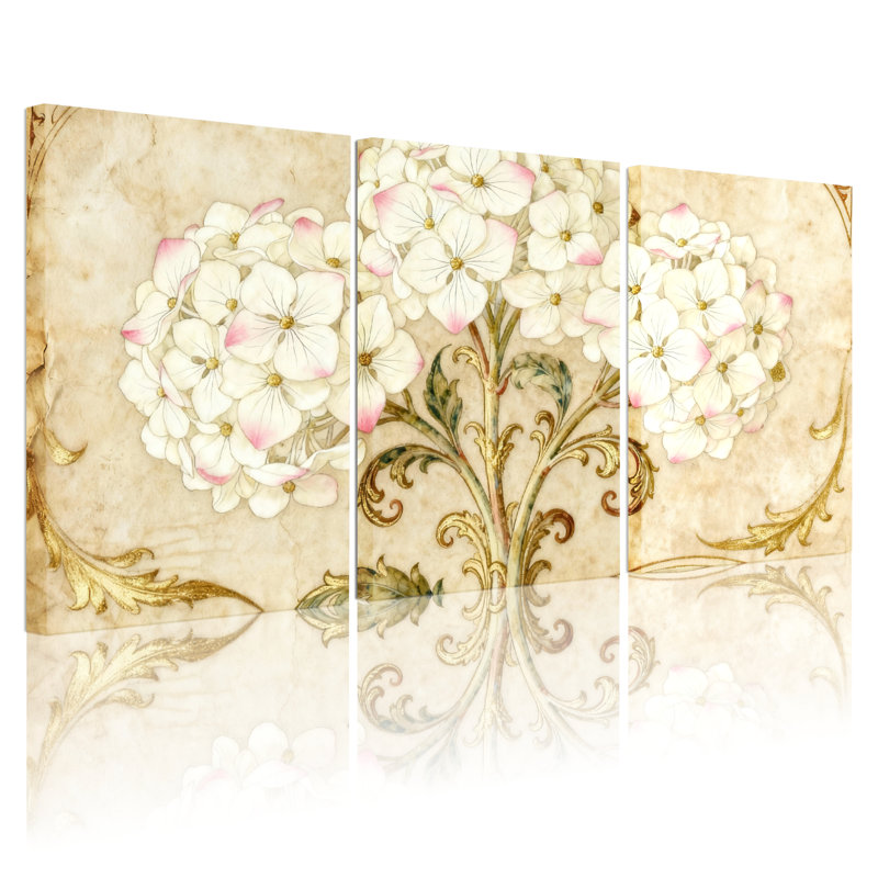 Ensemble de 3 tableaux muraux vintage sur toile tendue, motif hortensias., H 24 po x l 48 po