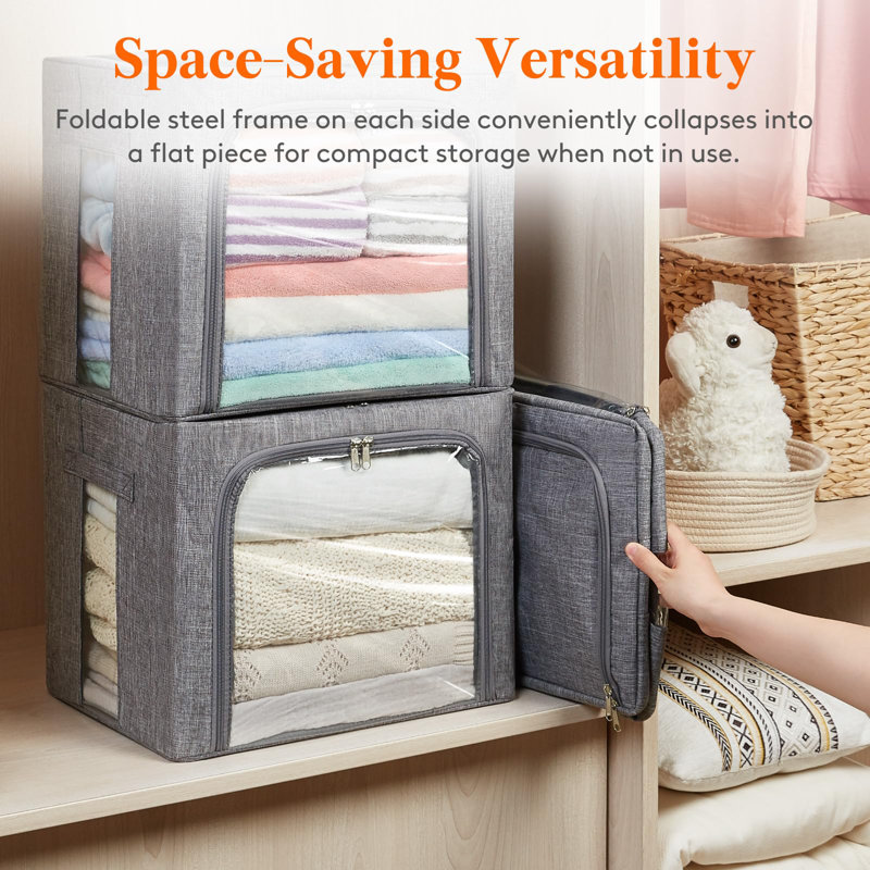 Clothes Storage Box With Metal Frame, Stackable Storage Box, Foldable Clothes Storage Box With Lid, 40L Storage Bag Fabric Box Organizer With Clear Window And Zipper And Sturdy Handle, 4 Pack