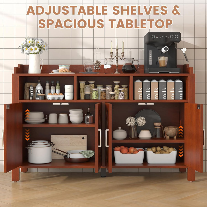 55"Buffet Cabinet with Storage Farmhouse with 4 Doors and 3 Open Compartments,Large Kitchen Storage Cabinet Cherry Wood Coffee Bar Buffet Sideboard for Kitchen, Dining Room, Living Room
