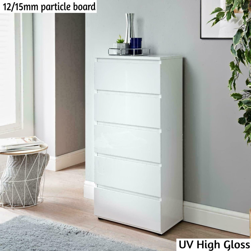Atilano 5 Drawer 48Cm W White Chest of Drawers Bedroom Modern Slim Side Storage Display Cabinets Furniture