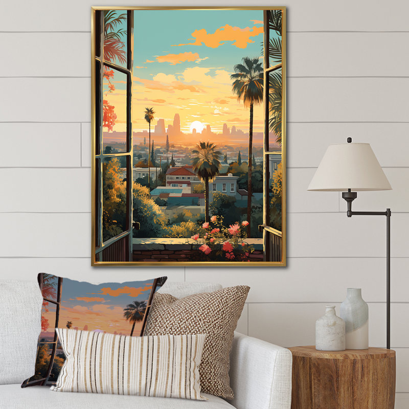 «Vintage Los Angeles Windows View 3 - Floral Window», art mural rétro, Cadre flottant doré, H 32 po x l 24 po x P 1 po