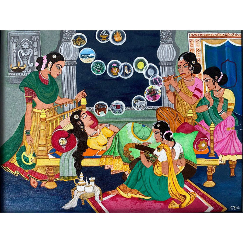 Quatorze rêves de Trishala, la mère de Tirthankara Mahavira (peinture Jain) | Acrylique sur toile