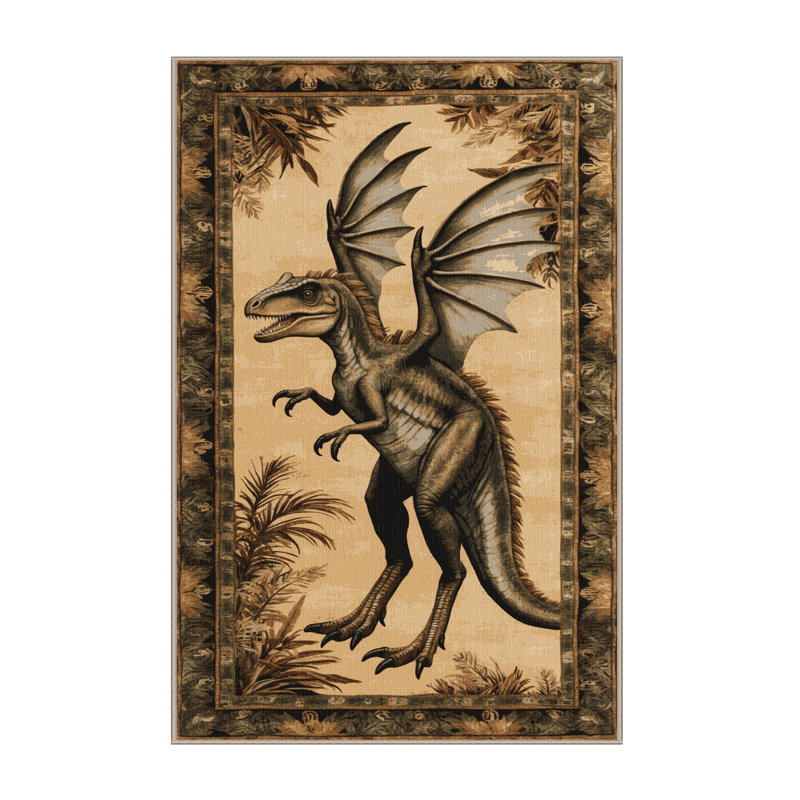 Tapis beige dinosaures lavable à la machine, Rectangle 4pi x 6 pi