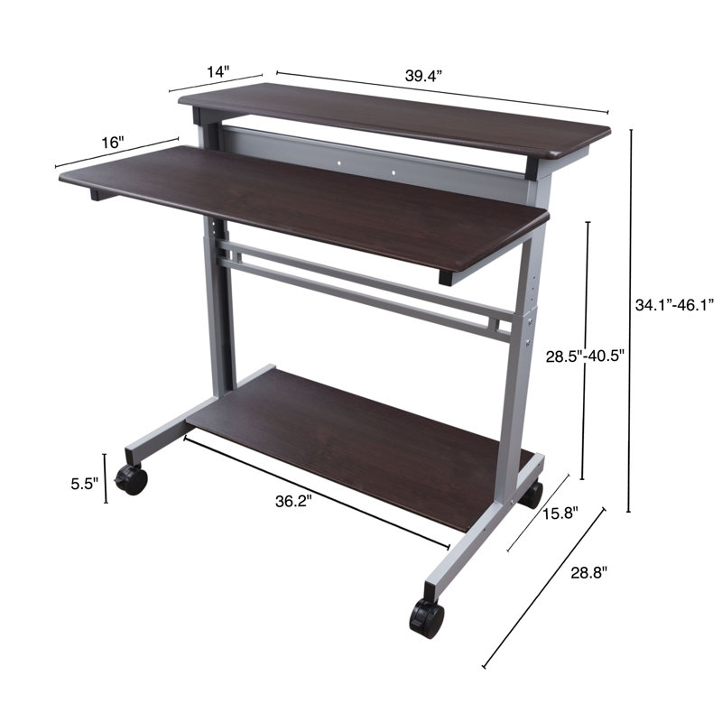 Bureau debout à hauteur ajustable Rolling, Noyer foncé / argent, H 46,1 po x l 39,4 po x P 28,8 po