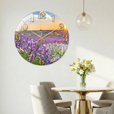 Lavender Field Modern Decorated Glass Wall Clock Home Decor Art-23.6"