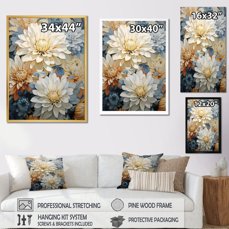 Blooming Mums, peinture en beige et bleu sur toile, Cadre simple noir, H 20 po x l 12 po x P 1 po