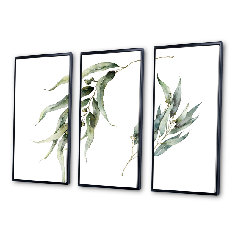 «Minimalistic Eucalyptus Branches», ensemble de 3 impressions sur toile, Cadre noir, H 32 po x l 48 po x P 1 po