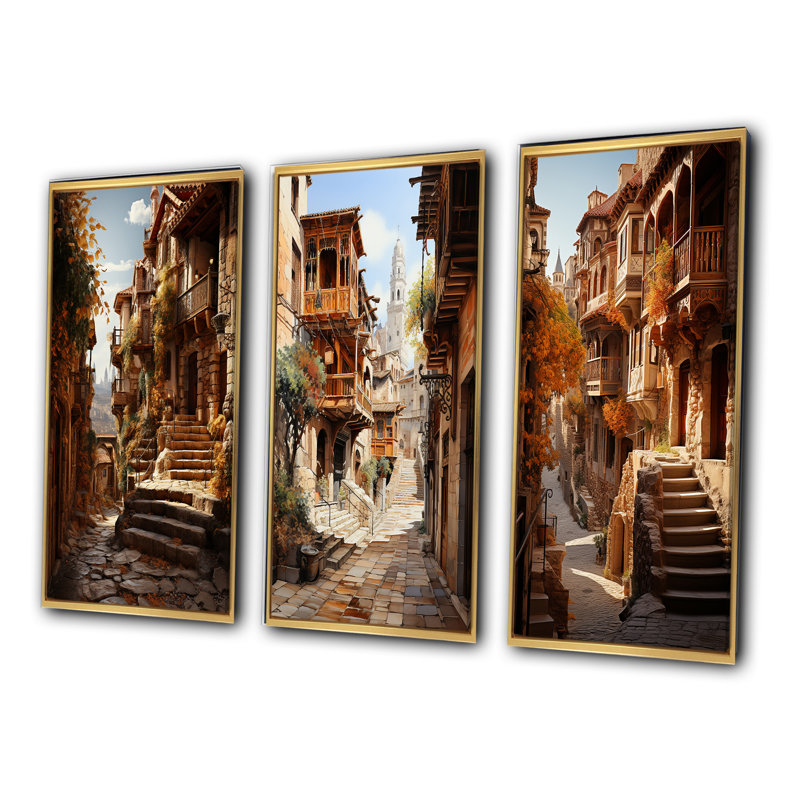 "Espagne, rues médiévales de Tolède", 3 pièces sur toile, Cadre noir, H 40 po x l 60 po