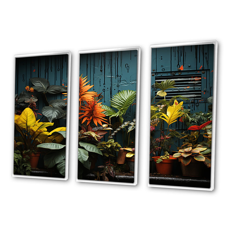 Graffiti Urban Greenery Poetry - Ensemble de décorations murales de plantes, Cadre flottant blanc, H 40 po x l 60 po x P 1 po