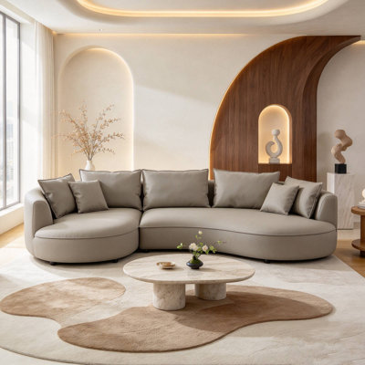 128" Curved Leather Sectional Sofa With Chaise for Living Room, Apartment, Open Concept Space