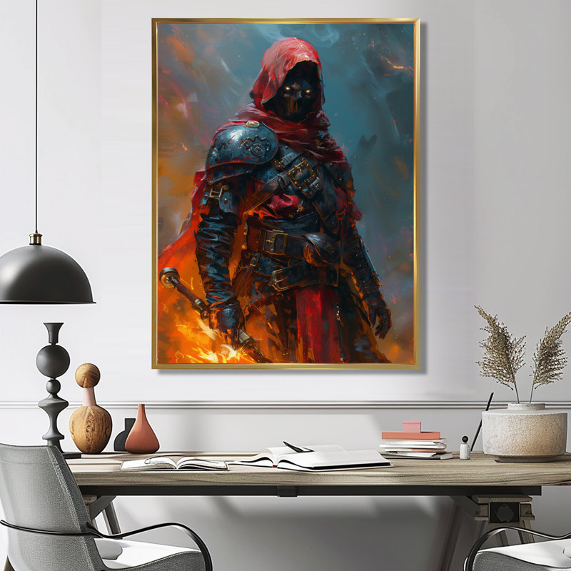 Art mural rouge et noir Warrior Hero II - Wizards, H 20 po x l 12 po x P 1 po, Cadre doré flottant, bois massif