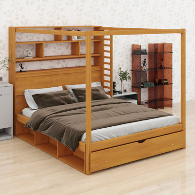 Canopy bed frame with bookcase headboard, lighting and storage for modern spaces