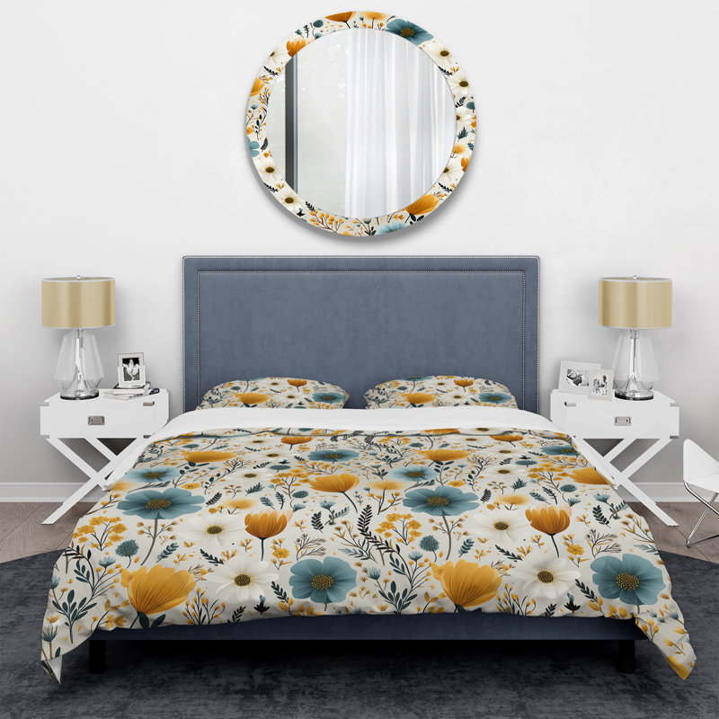 Ensemble de housse de couette jaune et bleu Nordic Blossom Serenity - Floral