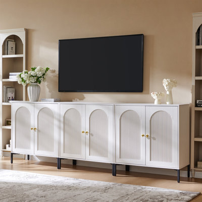Modern TV Stands 34" Tall Wood Entertainment Center w/Adjustable Shelves, Mid Century Modern TV Stand w/Arched Fluted Doors, Media Console Cabinet for Living Room