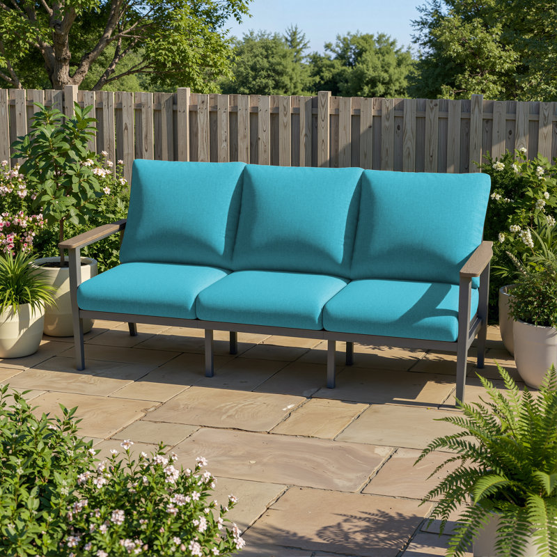 Canapé d'extérieur en aluminium de 78 po de largeur avec accoudoirs et coussins profonds en PEHD aspect bois, Bleu turquoise