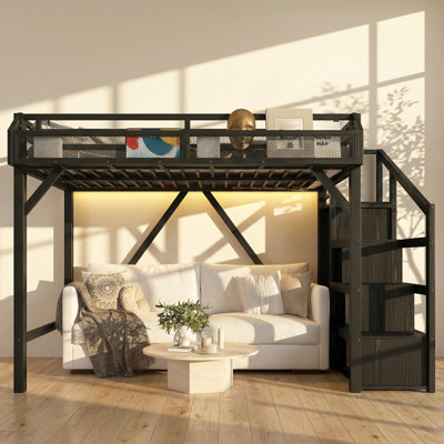 Lit mezzanine simple L 41,7 po x P 96,9 po x H 63,4 po Bonwell avec garde-robe et escalier de rangement intégrés