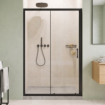 Porte de douche à cadre simple coulissante l 48 po x H 72 po au fini noir mat avec verre trempé transparent de 1/5 po d'épaisseur et poignée en acier inoxydable