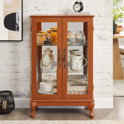 Vitrine 2 portes avec portes en verre trempé, armoires de terrasse avec panneau arrière en miroir et tablettes réglables, vitrine éclairée pour la maison, ampoule de bureau incluse CHÊNE FONCÉ