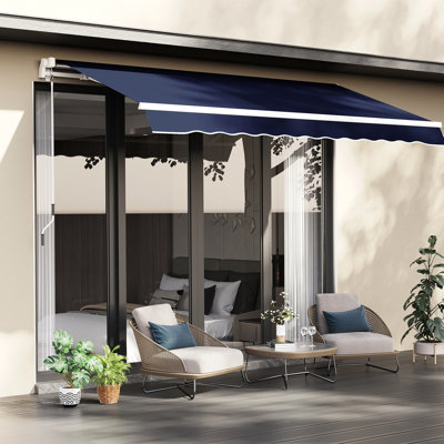Auvent rétractable 10 'x 8' pour parasol - Patio avec et eau - Tissu, manivelle manuelle, cadre en aluminium pour terrasse, balcon, cour, bleu
