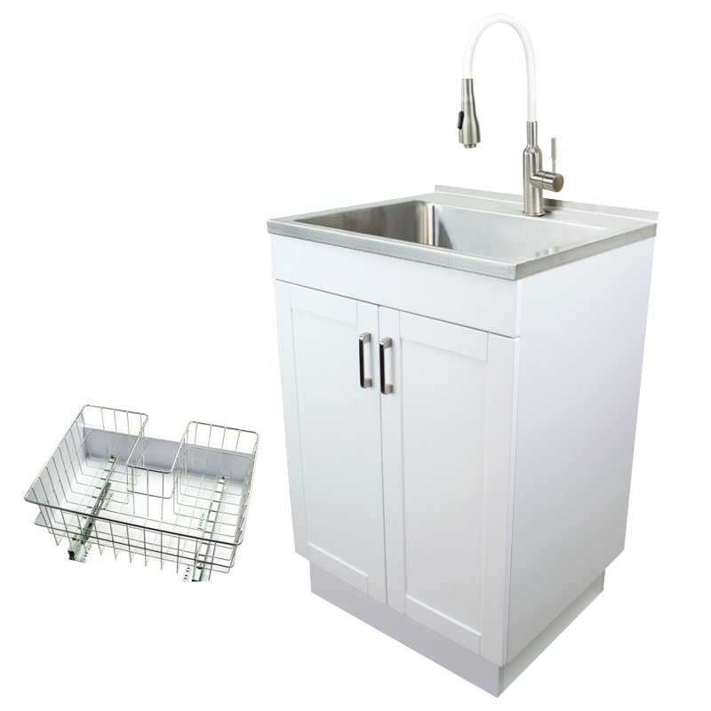 23.6'' White Freestanding Laundry Sink with Stainless Steel Faucet