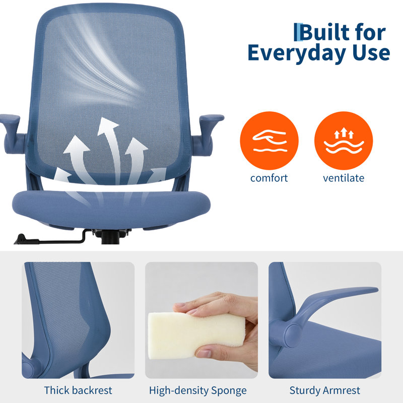 Chaise de bureau ergonomique à accoudoirs rotatifs, Bleu, Bleu