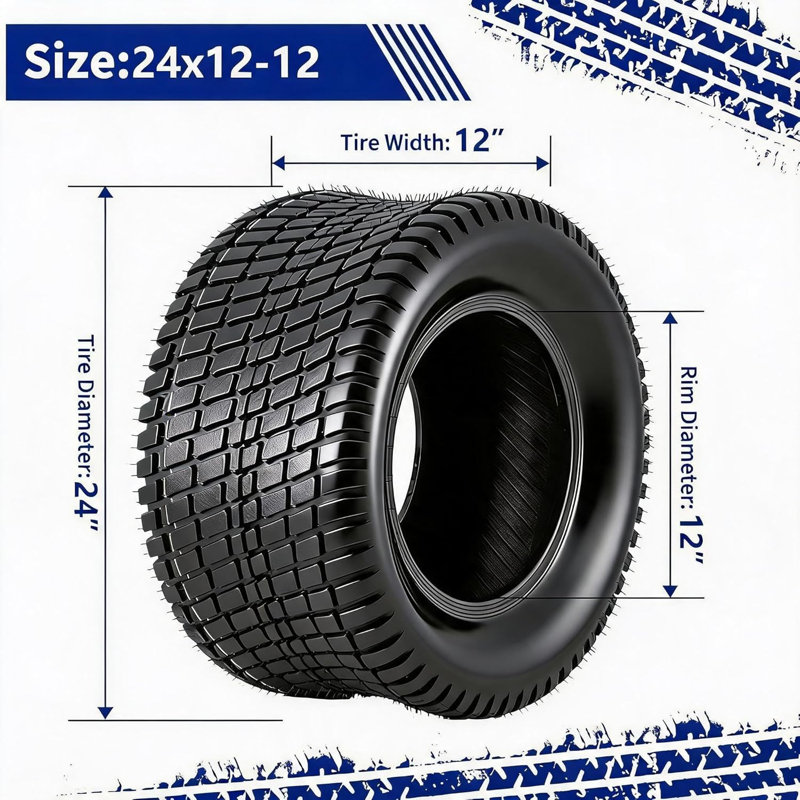 Set Of 2 24x12-12 4PR Heavy Duty Tubeless Turf Tires, Max 1700 Lbs Load All Terrain Puncture Resistant Lawn Friendly Rubber Tyres Fit 12 Inch Rim For Golf Cart Lawn Mower Garden Vehicles