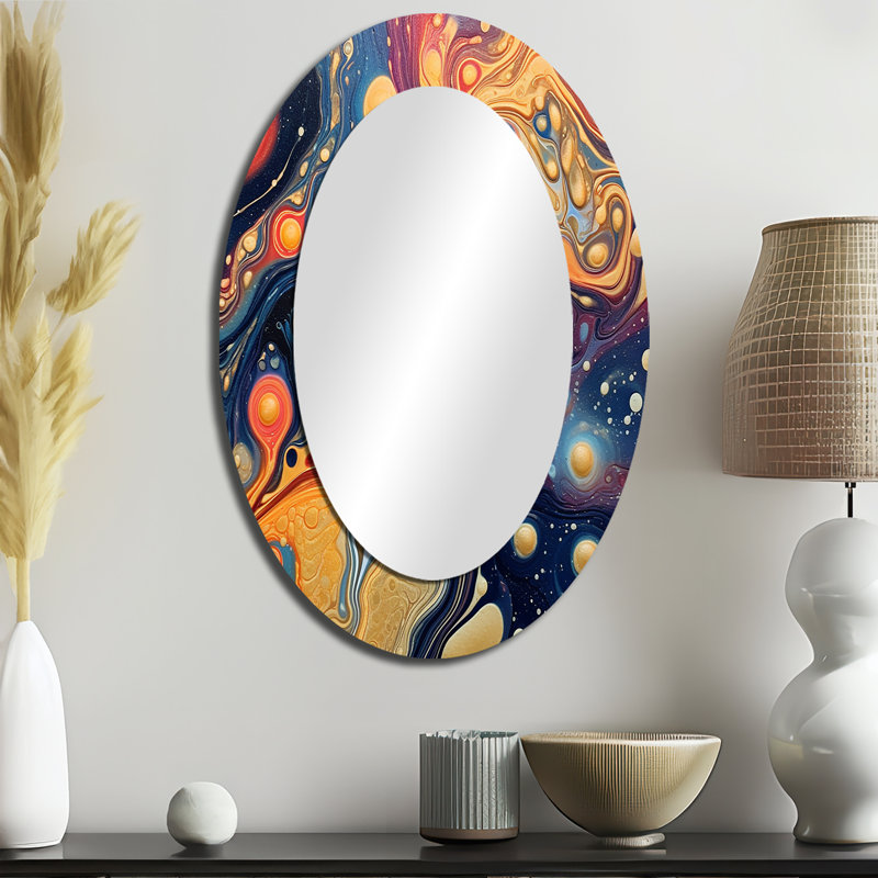Orange bleu galactique univers II - grand miroir mural Comets, miroir décoratif moderne, impression d'art en métal, Ovale
