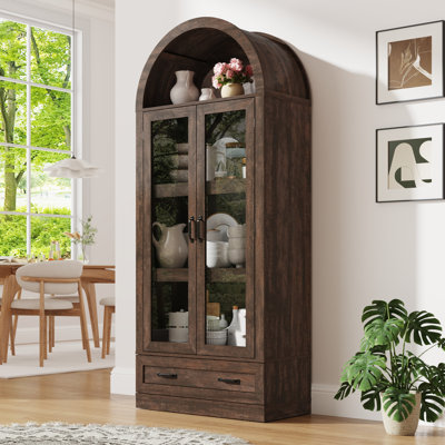 Armoire de cuisine cintrée de 190 cm de haut avec structure en tubes d'acier porteurs, meuble de rangement en bois de style campagnard avec porte vitrée et tiroir, bibliothèque cintrée haute pour salle à manger ou salon, brun