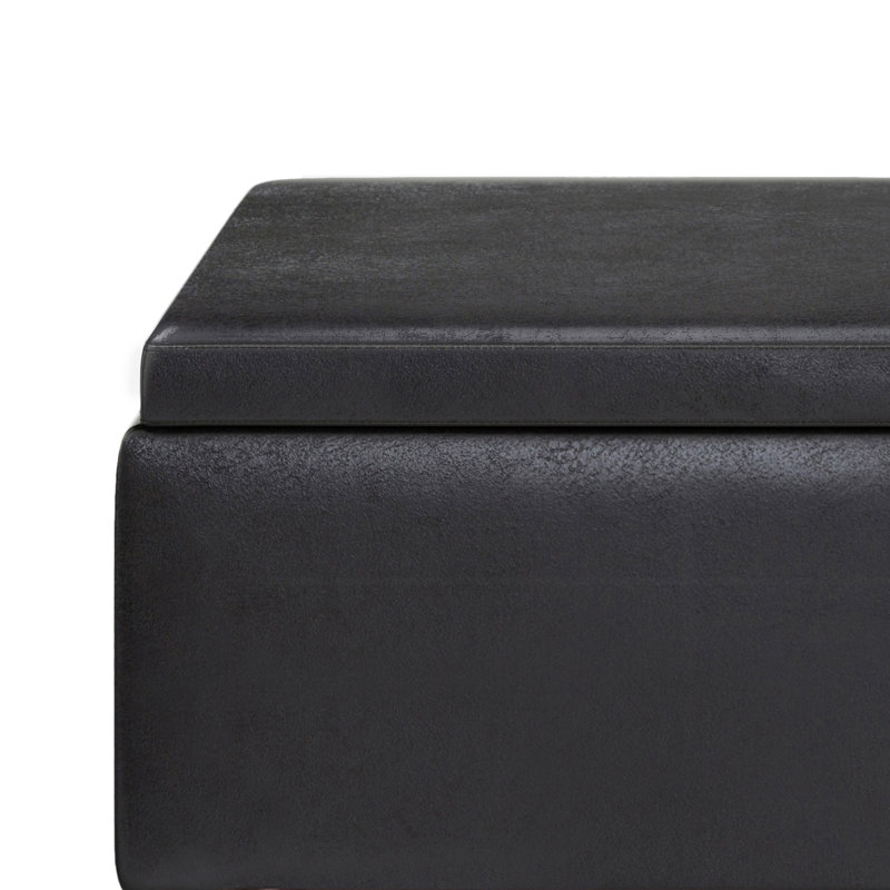 Owen 34"W Upholstered Mid-Century Modern Rectangular Flip-Top Ottoman with Tray Top, Distressed Black Faux Leather